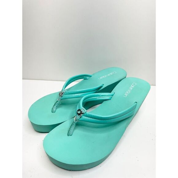 Calvin Klein Sandals Womens Size 11 Green Open Toe Slip On Platform - Picture 1 of 10